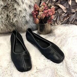 Partners Black Leather Low Wedge Square Toe Ballet Style Slip on Retro Shoes 7.5